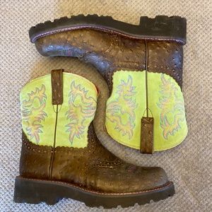 Lime green and brown ostrich boots